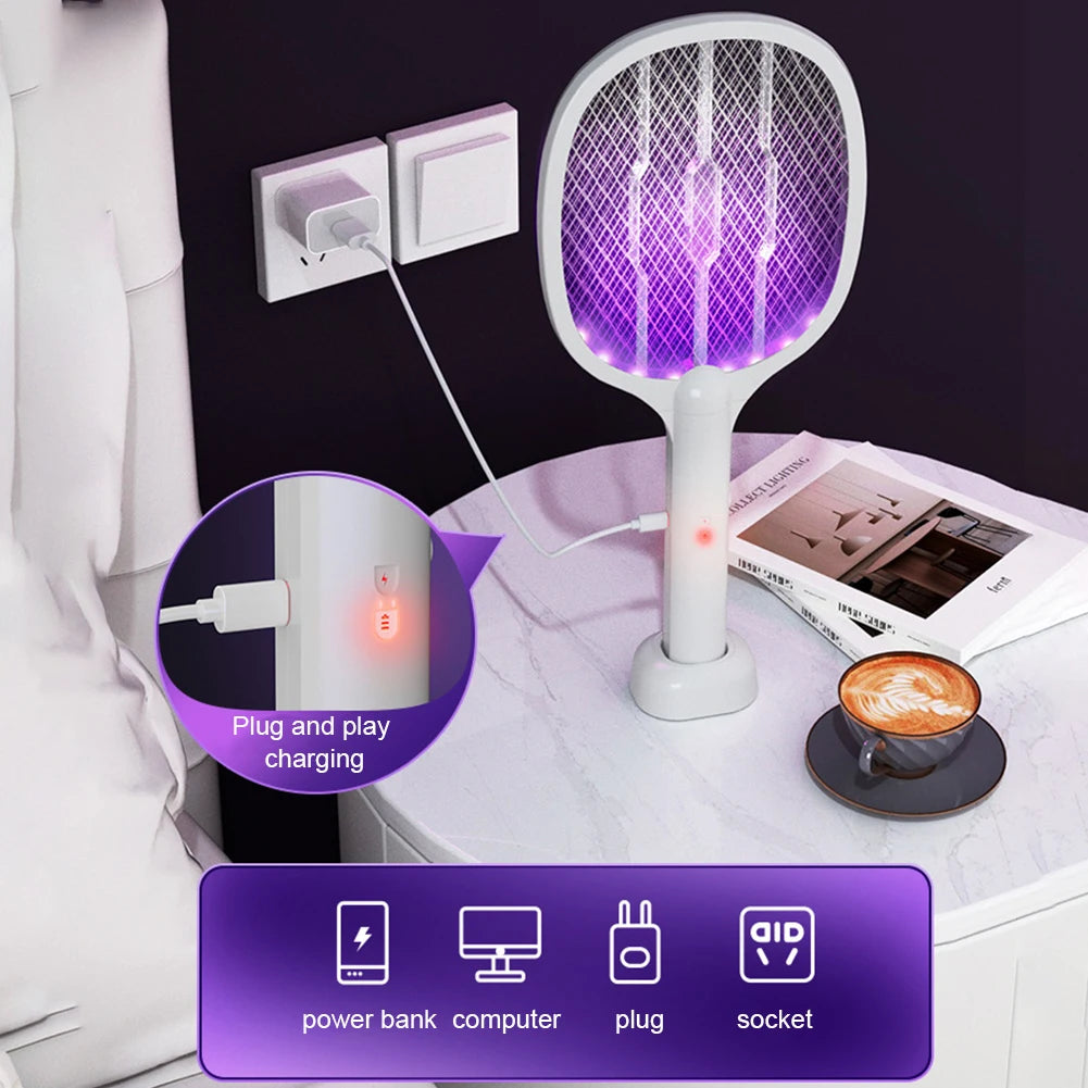 3000V Rechargeable Electric Fly Swatter USB-C Handheld Bug Zapper Racket 2 in1 Fly Killer and Mosquito Trap Lamp for Home Office